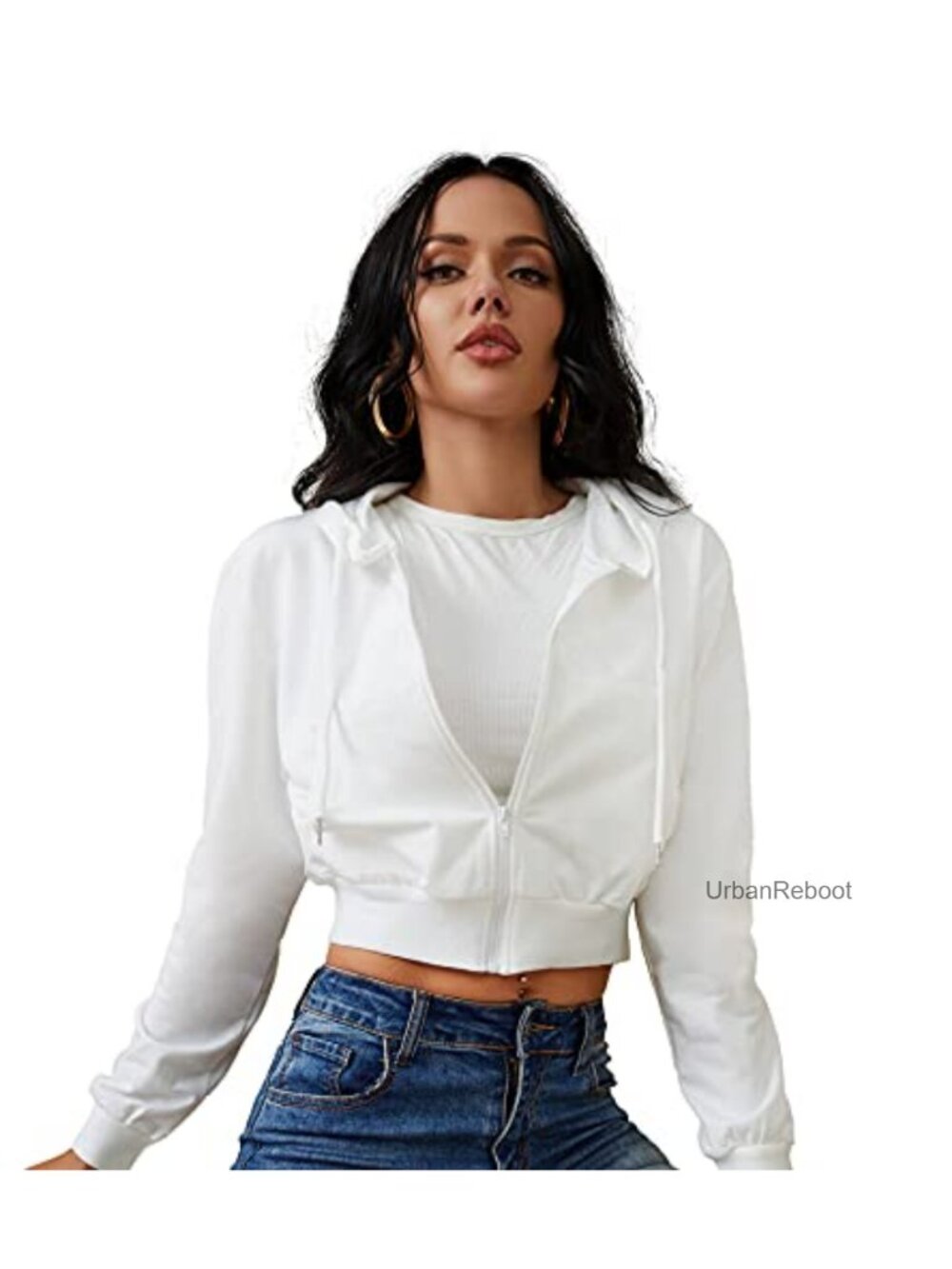 Women's Cropped Zip Up Hoodie Drawstring Cardigan Jacket Long Sleeve Cotton